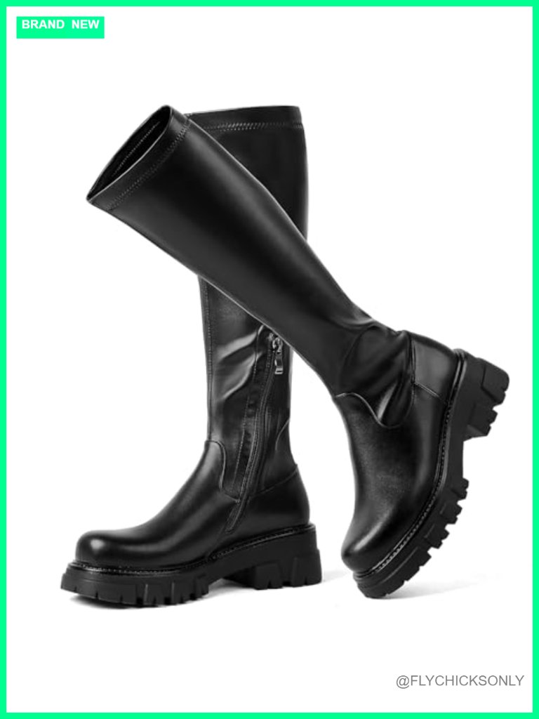 Knee High Boots With Lug Sole, Block Heel, Stretch Fabric, Side Zipper